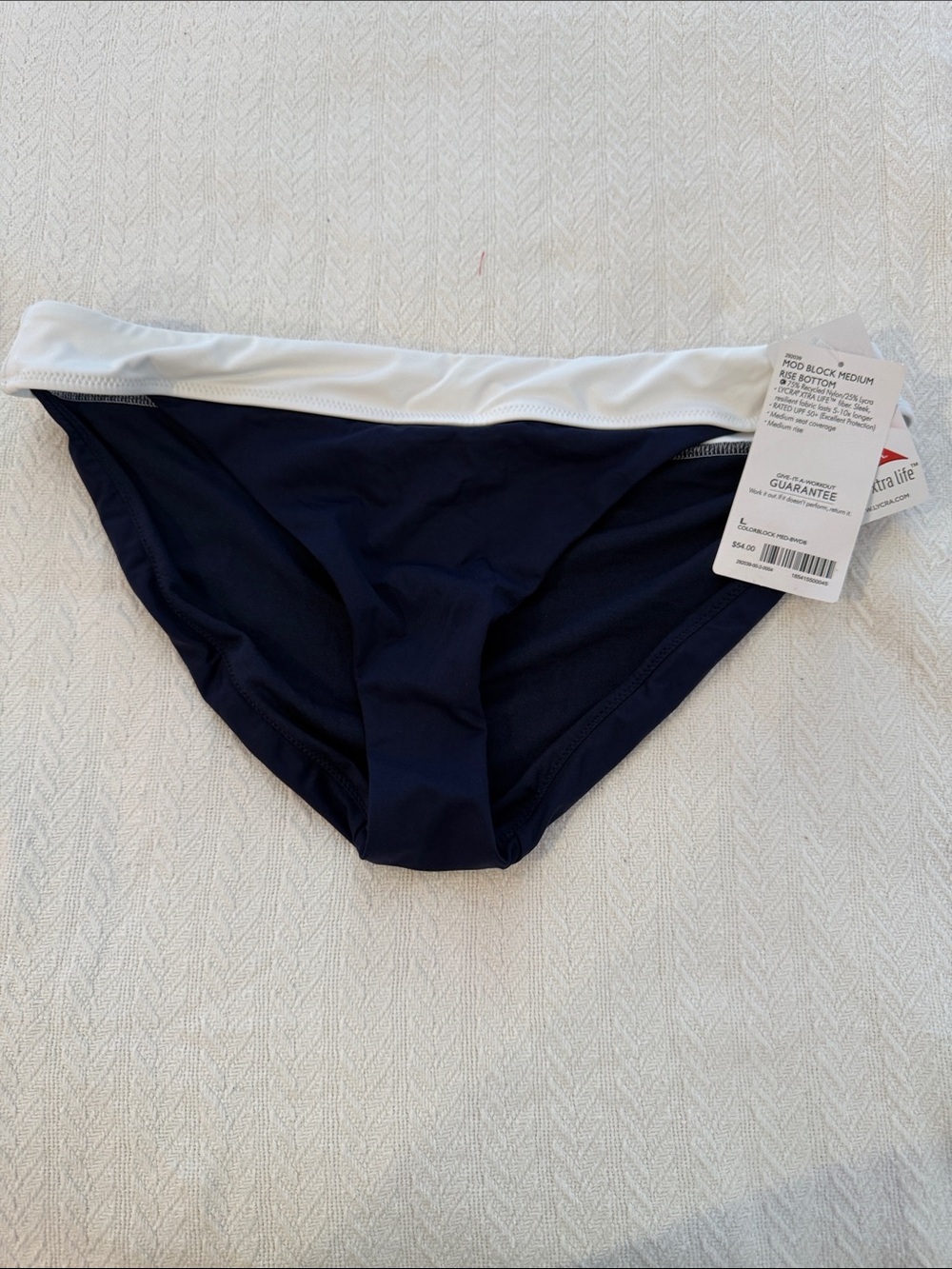 Athleta Navy Bikini Bottom with White Fold-Over Waistband